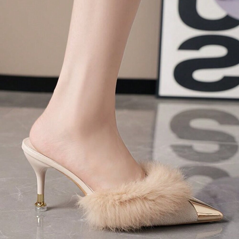 Beige Elegant Women's Mules Heels Pointed Toe Slip On Backless Slides - Picture 3 of 4